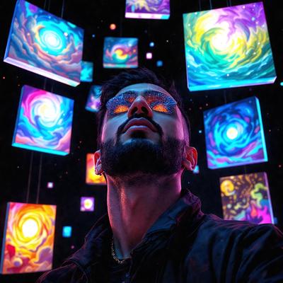 The primary subject of the image is a man with sunglasses and a beard. He is wearing a black jacket and is surrounded by a series of colorful, abstract paintings. The setting appears to be an art gallery or a similar environment where the man is posing for a picture. The visual style of the image is a combination of photo and digital art, creating a unique and vibrant atmosphere. The dominant colors in the image are the various shades of the paintings, which contribute to the overall mood